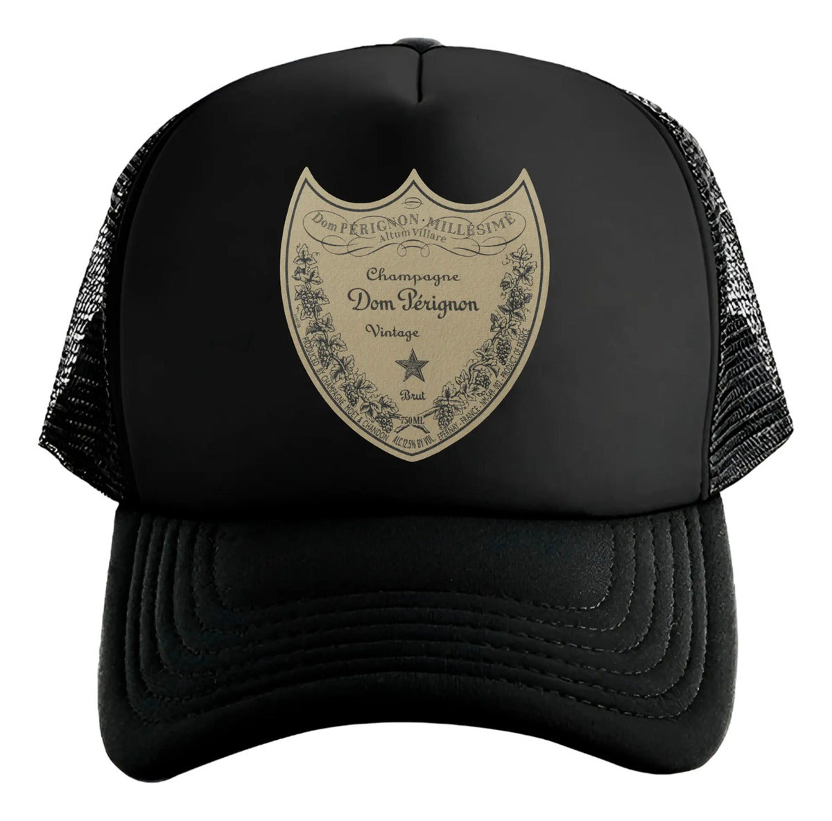Gorra Trucker Dom Perignon Champagne Bebida Lujo Elegante Negro Ajustable Dp
