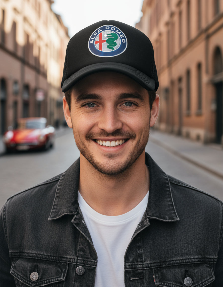 Gorra Trucker Alfa Romeo Coche Vehículo Automovilismo Negro Ajustable Ar
