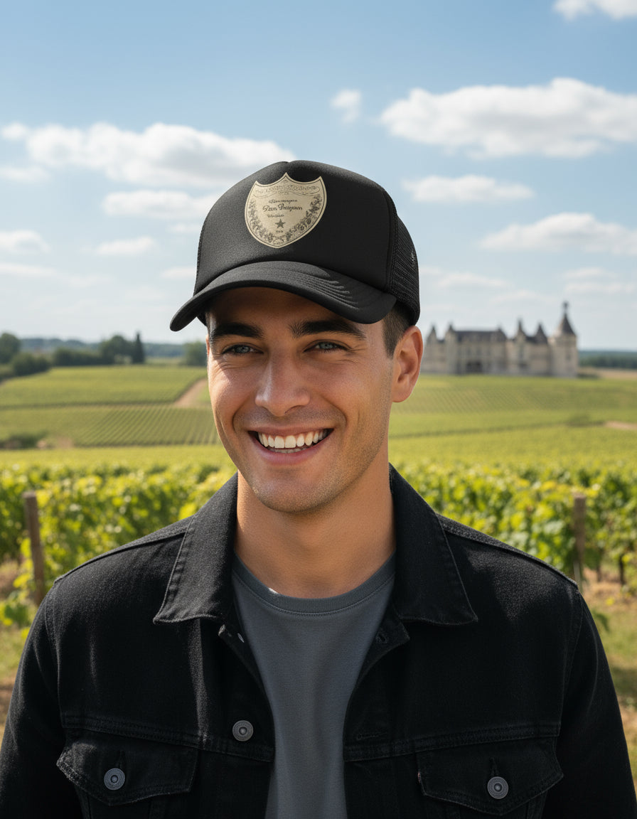 Gorra Trucker Dom Perignon Champagne Bebida Lujo Elegante Negro Ajustable Dp