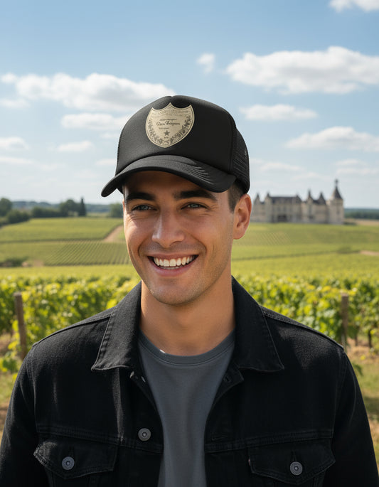 Gorra Trucker Dom Perignon Champagne Bebida Lujo Elegante Negro Ajustable Dp